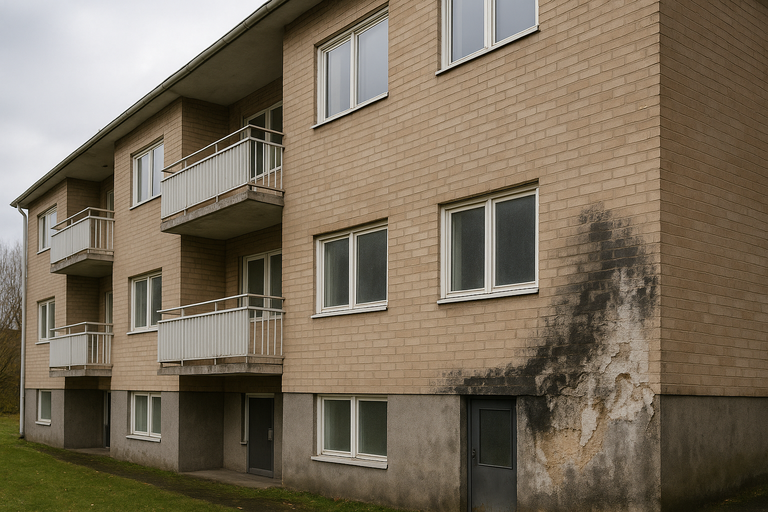 Hometalo.fi Taloyhtiön vastuu Kolmikerroksisen kerrostalon ulkoseinässä on laaja kosteusvaurio ja rapautunutta rappausta, mikä kuvastaa taloyhtiön vastuuta rakennuksen kunnossapidosta