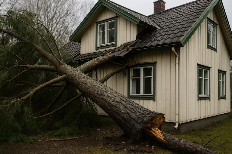 Vakuutusyhtiön vastuu. Hometalo.fi. Myrskyn kaatama suuri kuusi on pudonnut rintamamiestalon päälle, rikkoen katon ja ikkunoita