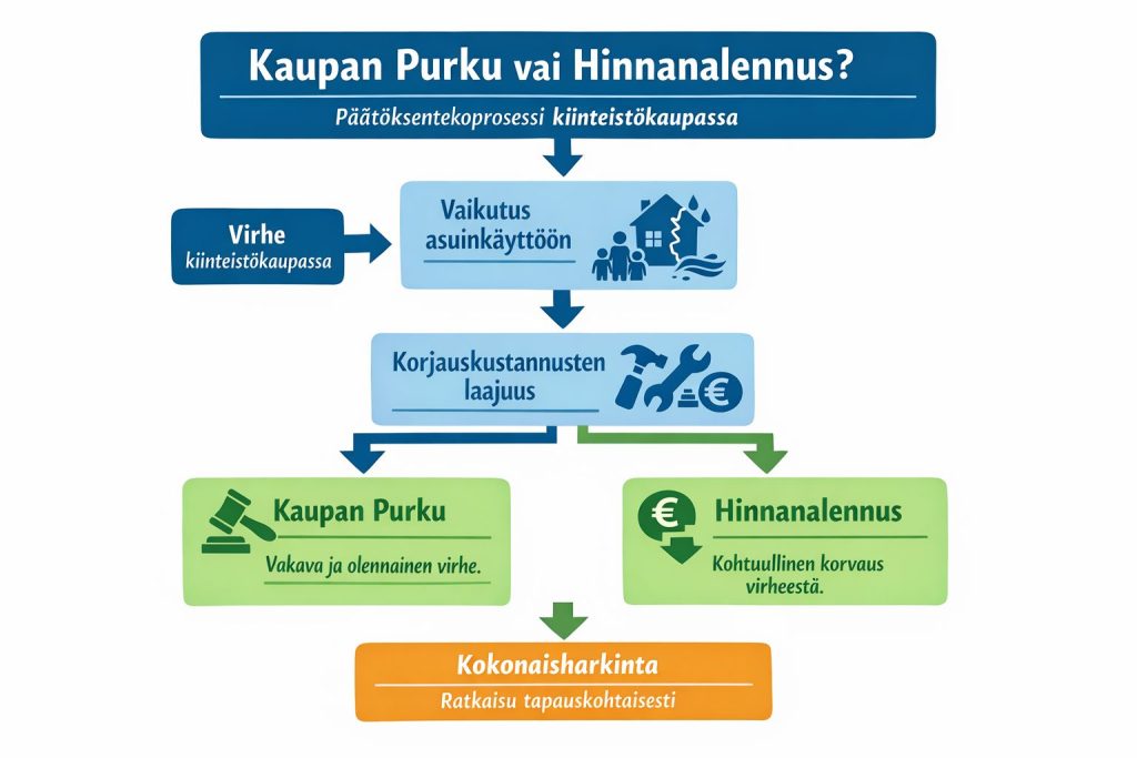 Omakotitalokaupan purkaminen. Kaavio, joka havainnollistaa milloin kiinteistökaupassa seuraamuksena voi olla hinnanalennus tai kaupan purku virheen laadun, korjauskustannusten ja terveyshaitan perusteella