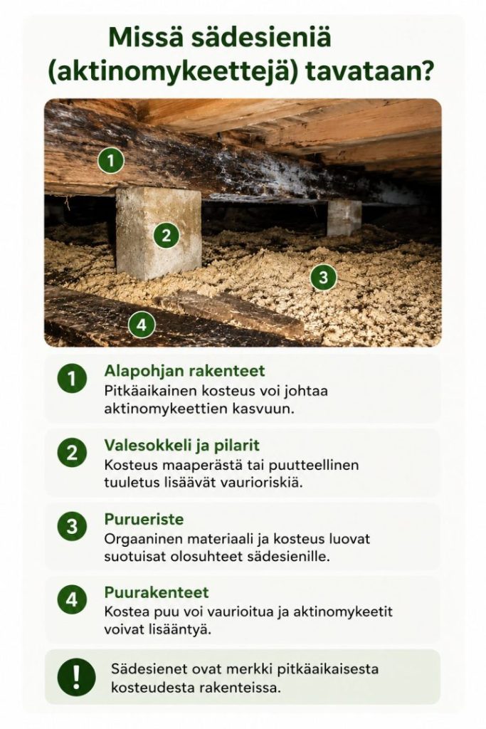 Sädesienivaurio alapohjassa ja kostuneissa puurakenteissa